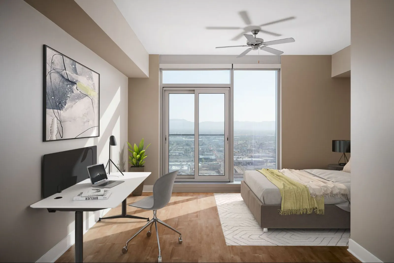 Furnished bedroom shown at CityScape Residences.