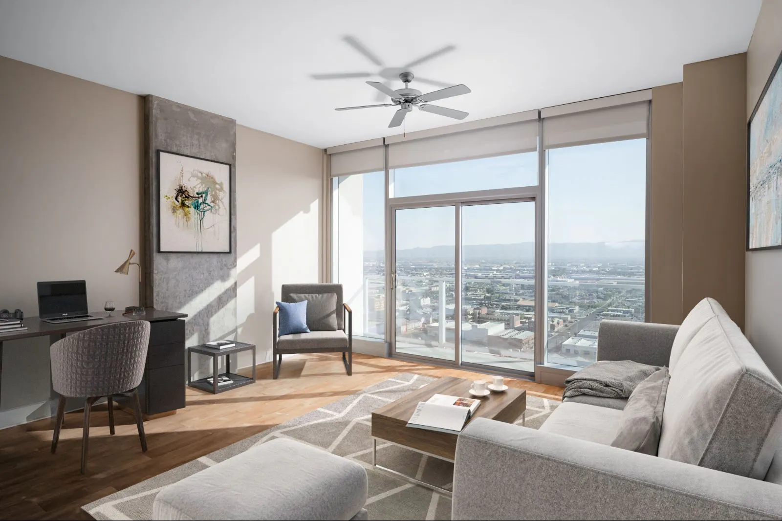 Furnished apartment living area shown at CityScape Residences.