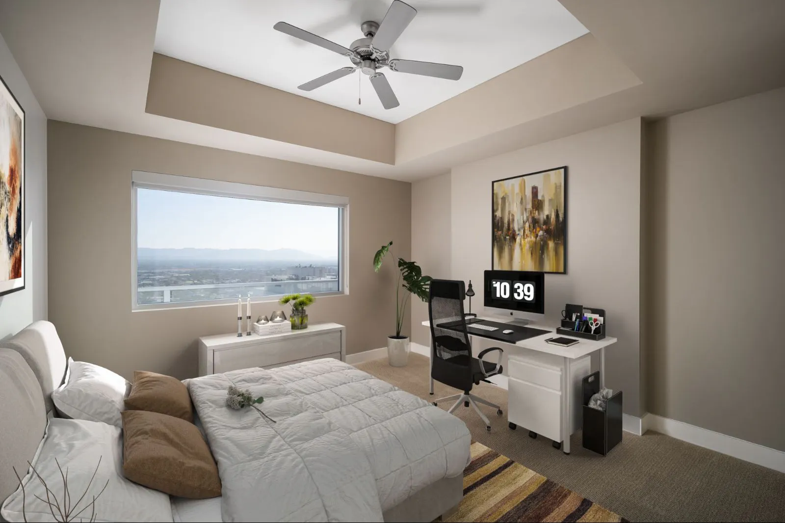 Furnished bedroom shown at CityScape Residences.