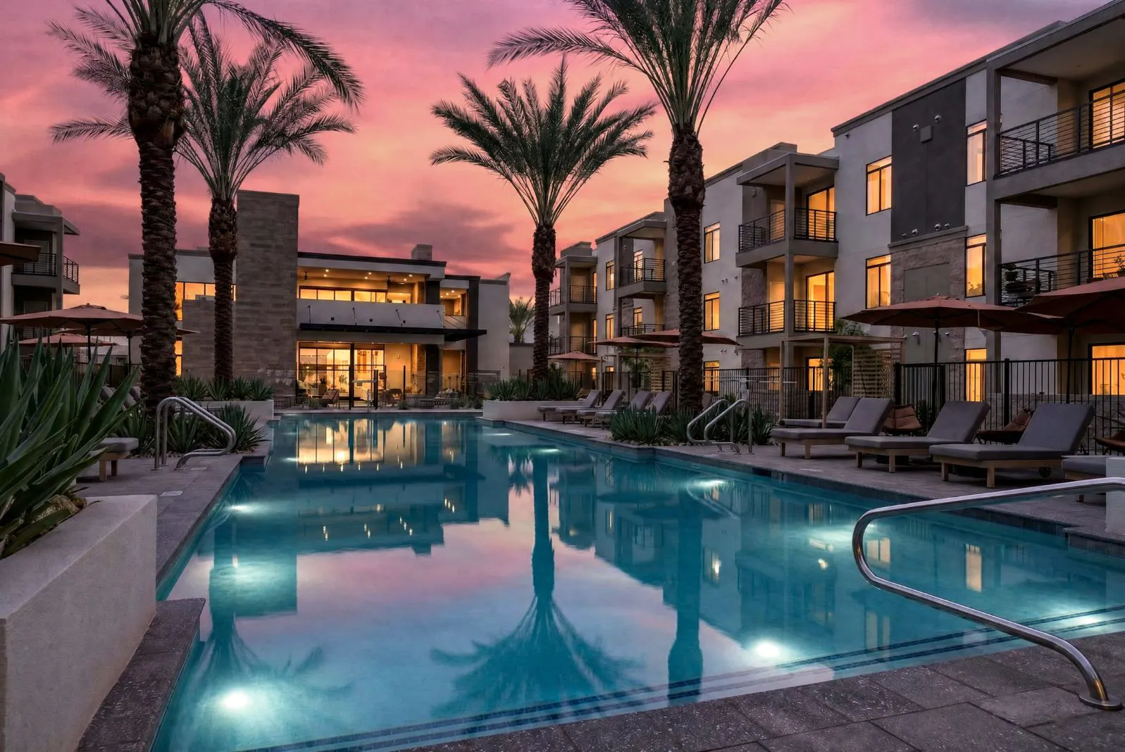 Illuminated pool and palm trees at dusk at Harmony at Hawes Crossing
