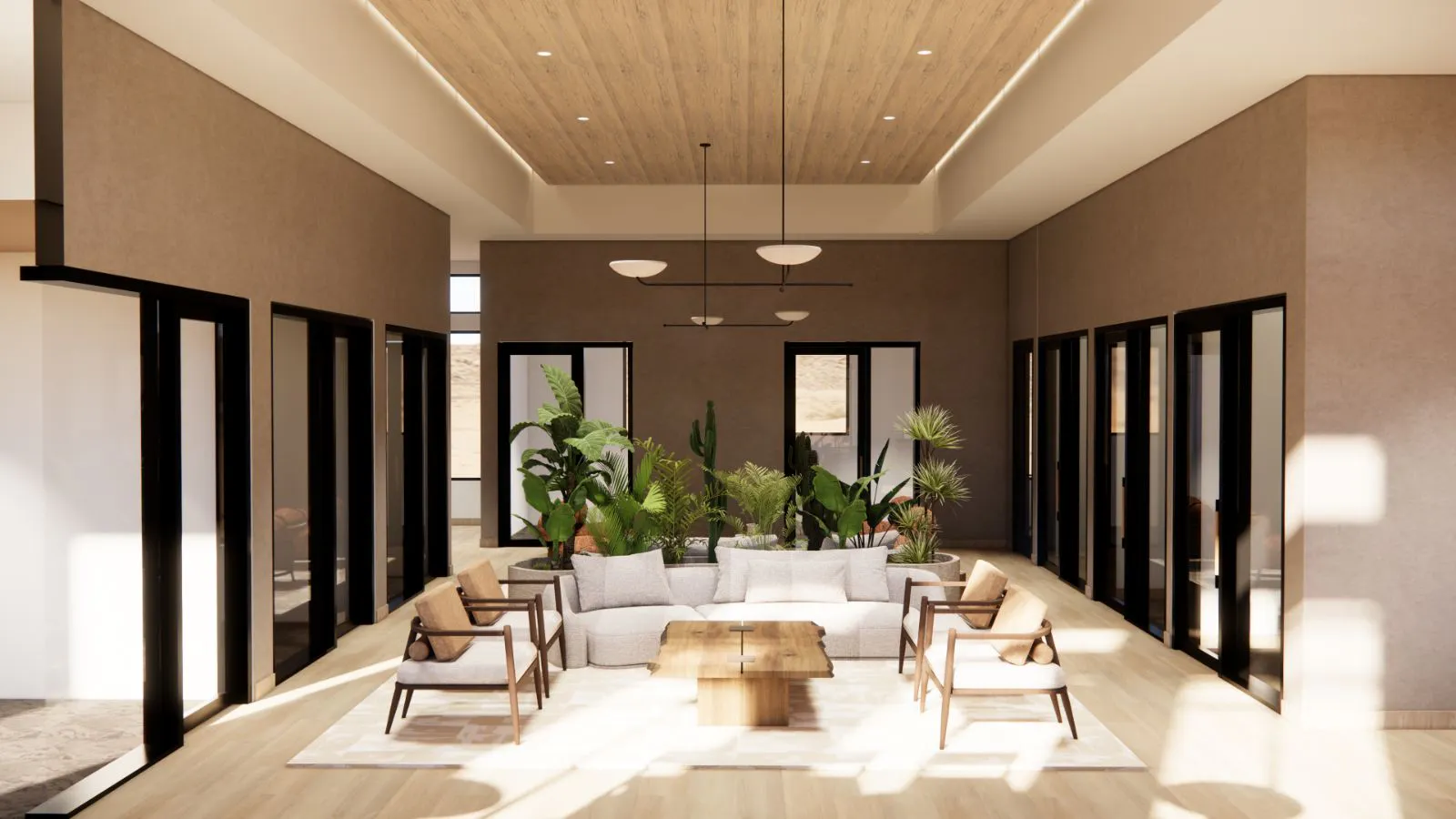 Rendering of a coworking lounge with seating and indoor plants at Redstone at SanTan Village