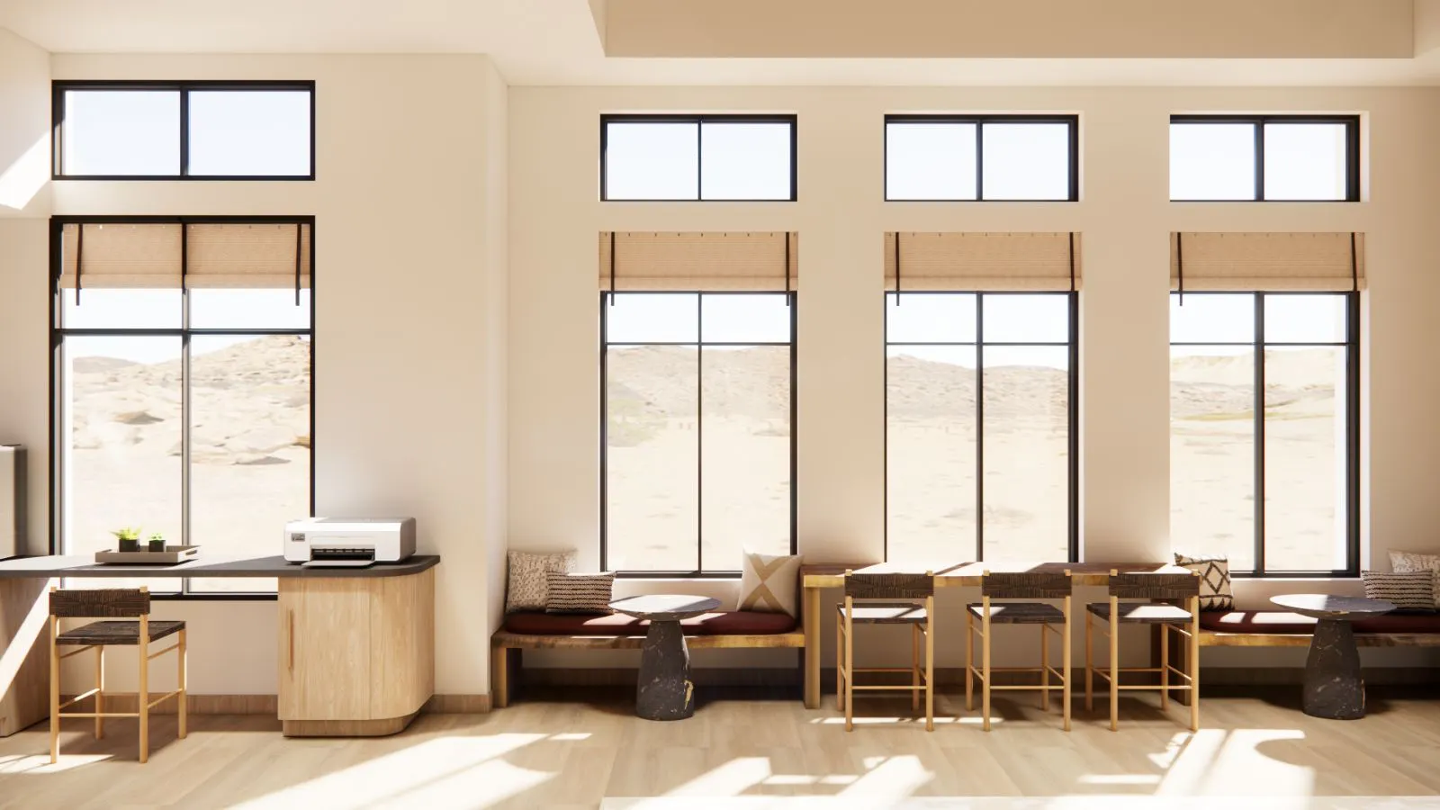 Bright counter with printer and bar seating at Redstone SanTan Village