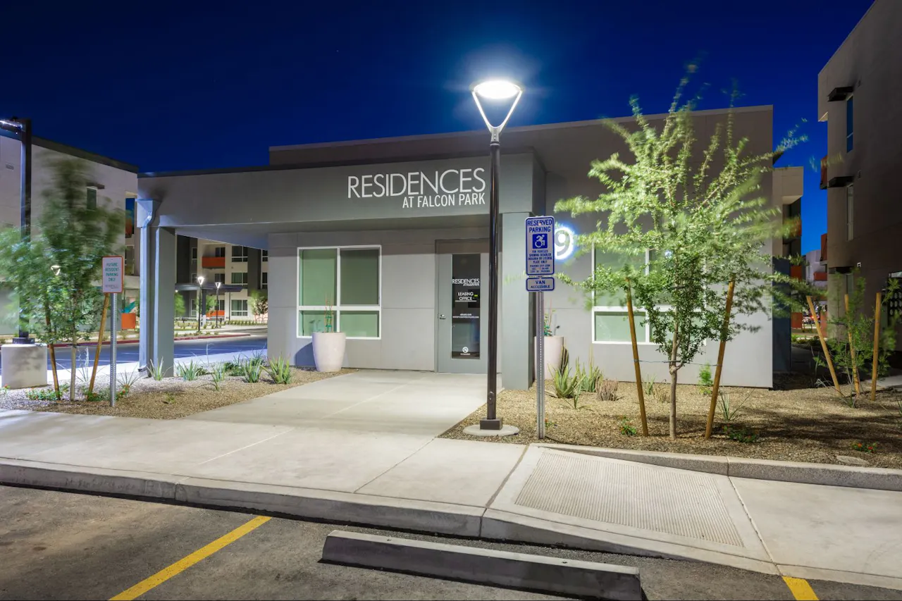 Building exterior at Residences at Falcon Park.