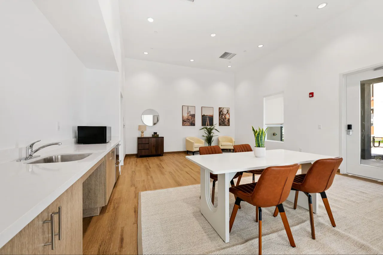Clubhouse kitchen at Residences at Falcon Park.
