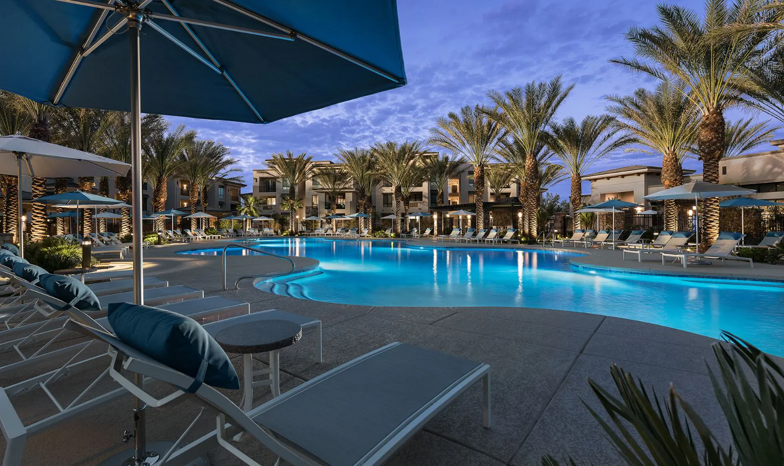 Resort-style pool at dusk