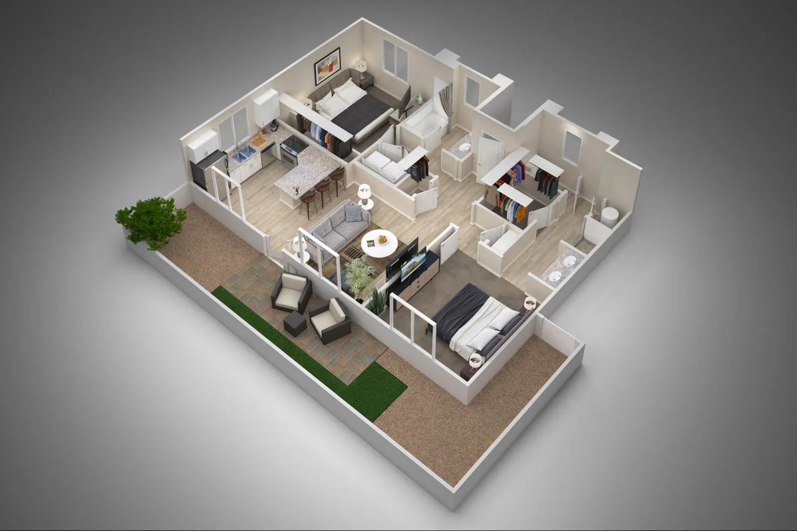 TerraLane at Park McDowell 2A furnished layout rendering; illustrative furniture arrangement.