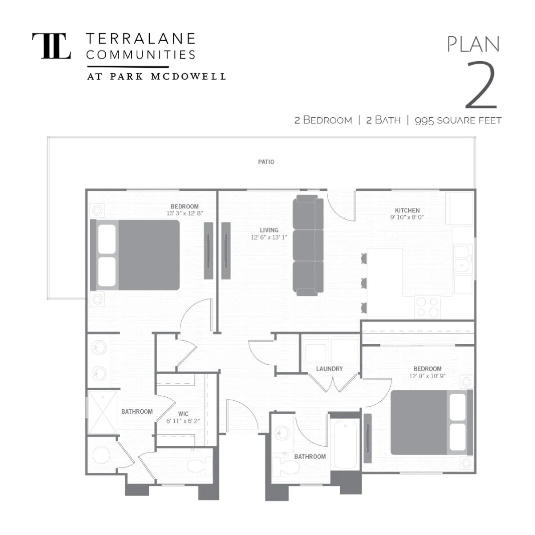 TerraLane at Park McDowell two-bedroom, two-bath layout diagram; approximately 995 square feet.