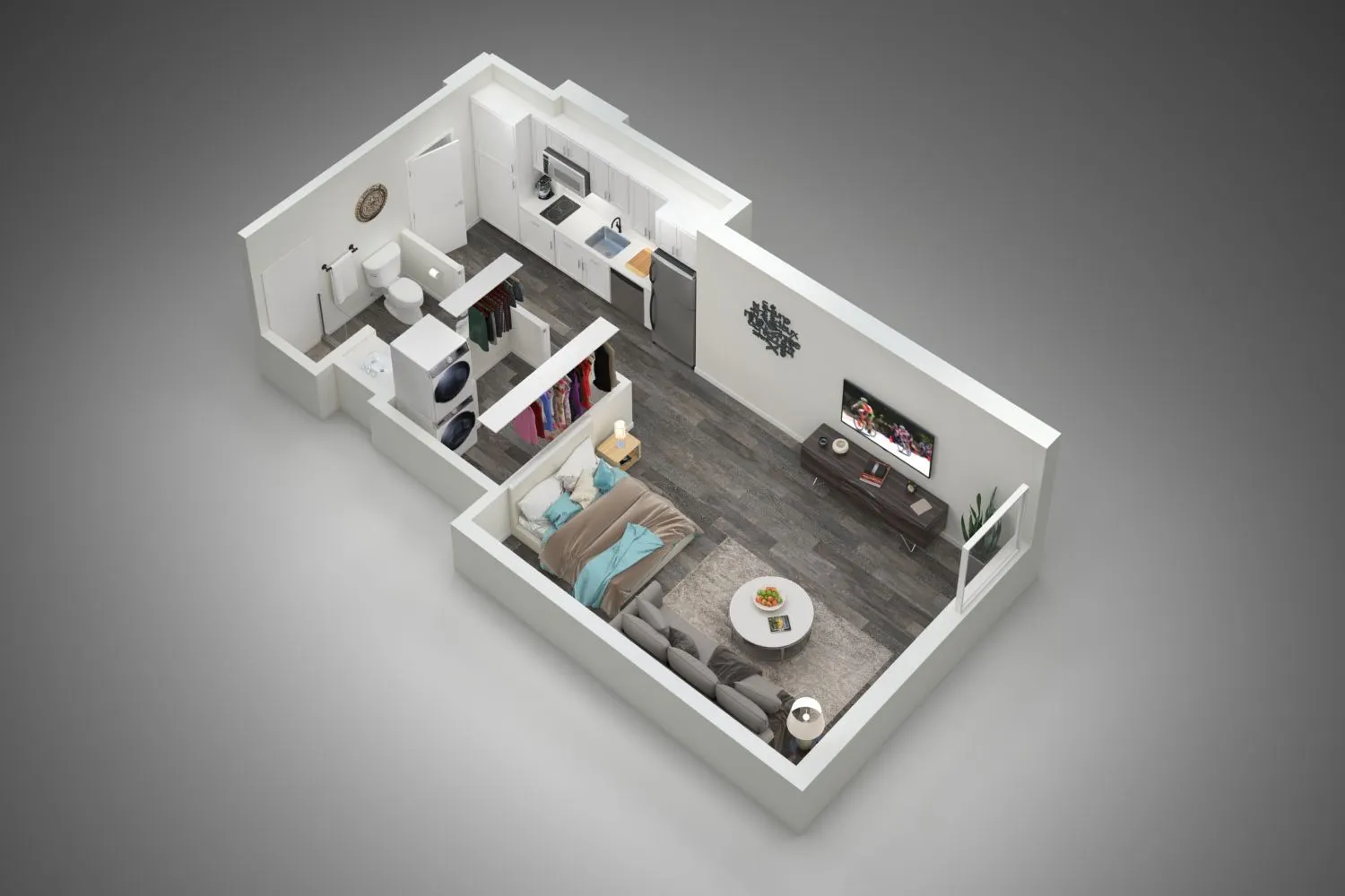 S3 studio layout preview · 428 sq ft at The Charleston.