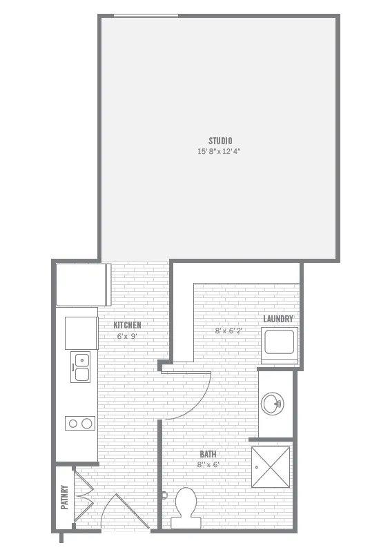 S2 studio layout · 426 sq ft at The Charleston.