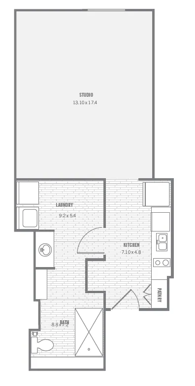 S6 studio layout · 474 sq ft at The Charleston.