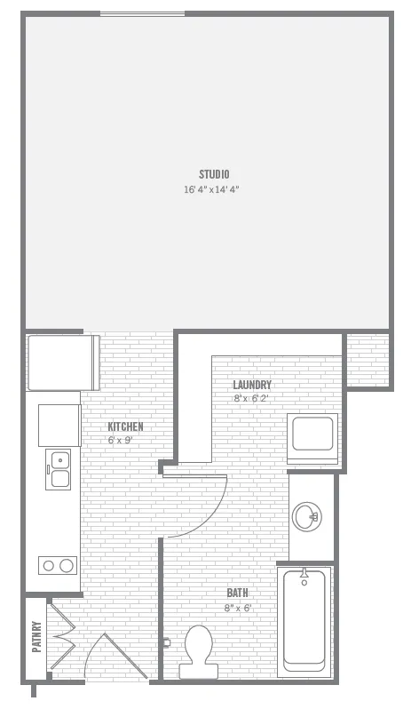 S4 studio layout · 464 sq ft at The Charleston.