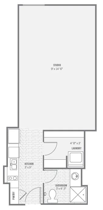 S9 studio layout · 511 sq ft at The Charleston.