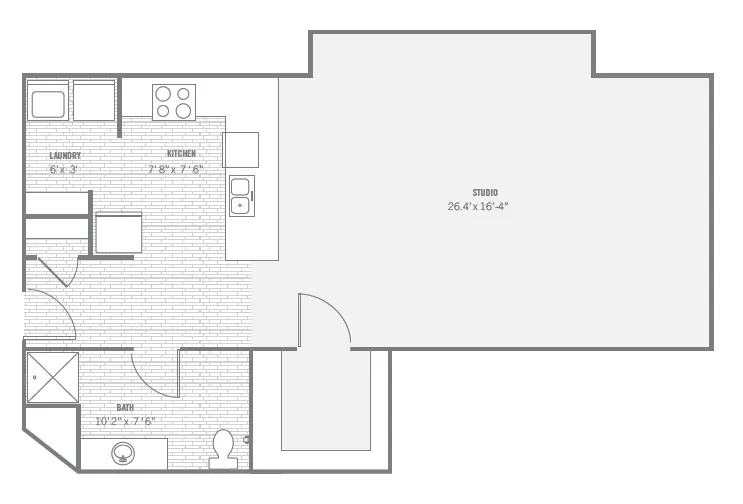 S10 studio layout · 800 sq ft at The Charleston.