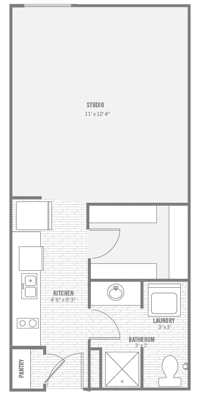 S1 studio layout · 425 sq ft at The Charleston.