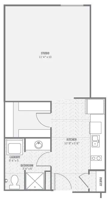 S5 studio layout · 466 sq ft at The Charleston.